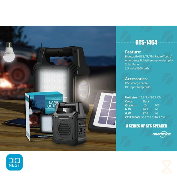 خرید و قیمت اسپیکر چند منظوره با چراغ قوه، پنل خورشیدی و هاب شارژ GTS-1464 دارای رادیو و پاوربانک مناسب کمپینگ و کوهنوردی و مسافرت