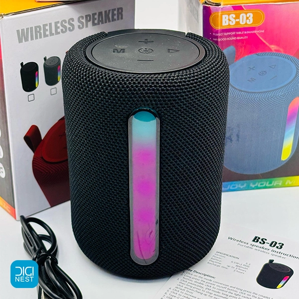 خرید و قیمت اسپیکر شارژی بلوتوثی مدل BS-03 رم خور و فلاش خور قابل حمل RGB