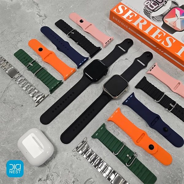 خرید و قیمت پک ساعت هوشمند و ایرپاد ویزمی مدل WISME KW53 Max طرح اپل واچ با چند بند